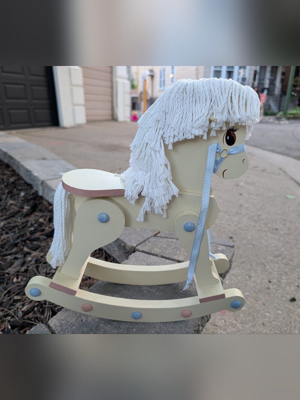 Cream Wooden Rocking Horse with White Yarn Mane